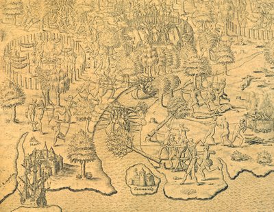 Portekizliler içeriye doğru ilerliyor ve yerel bir kabile tarafından saldırıya uğruyor. by Theodore de Bry