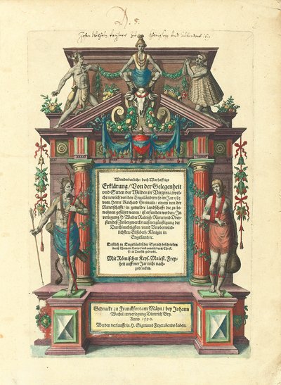 "Büyük Yolculuklar: Amerika"nın ilk bölümünün Almanca ilk baskısının başlık sayfası, 1590 by Theodore de Bry