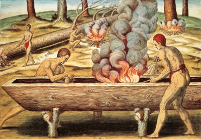 Virginia yerlileri bir piroga inşa ediyor by Theodore de Bry