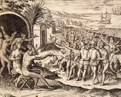 Theodor de Bry (1528-1598), Endonezya tarafından iş Hindistan orientalis, gravür Hollandalı karşılama by Theodore de Bry