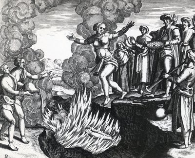 Kendini kocasının ateşinin üzerine atan kadın, Theodor de Bry (1528-1598), gravür by Theodore de Bry