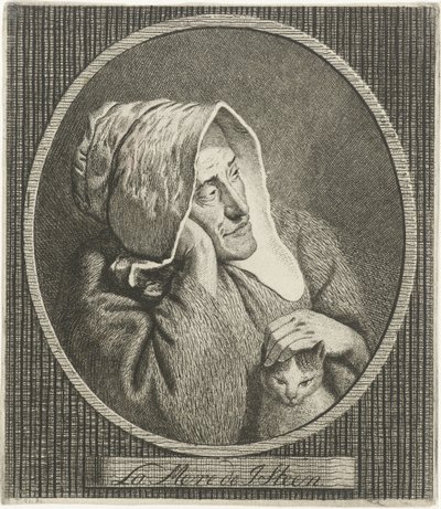 kedi ile yaşlı kadın La Mere de J. Steen (nesne üzerindeki başlık) by Theodorus de Roode