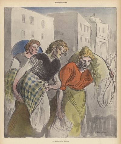 Çamaşırdan dönen çamaşırcı kadınlar (renkli taş) by Theophile Alexandre (after) Steinlen