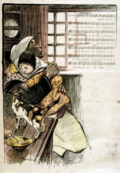Bir kediyle oynayan bir kadının kollarındaki çocuk, hasta. Notalar için Steinlen, s.d. 19e s. by Théophile Alexandre Steinlen