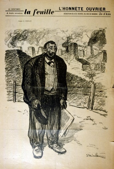 Fakir bir fabrika işçisinin endüstriyel bir manzaraya karşı çizimi, İsviçre doğumlu Fransız Art Nouveau ressamı ve matbaacısı Alexandre Steinlen (1859-1923) tarafından by Théophile Alexandre Steinlen