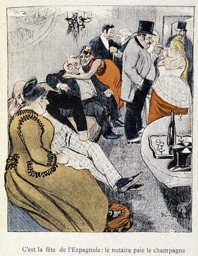 Filles et Marlous: İspanyolların bayramıdır: noter şampanyayı öder - “Dans la vie”de, Steinlen 1901 (no. 27695 ile aynı çizim) by Théophile Alexandre Steinlen