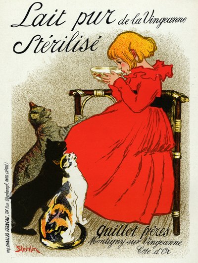 Yiyecek ve içecek. Vingenanne sütü. Kediler ile küçük kız. Poster Steinlen, Fransa, 1890 dolayları (poster) by Théophile Alexandre Steinlen