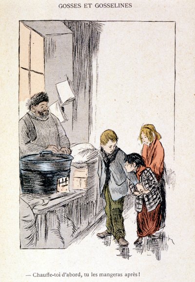 Çocuklar ve Gosselines: Önce kendinizi ısıtın, sonra yiyeceksiniz! Steinlen 1901 tarafından “Hayatta” içinde by Théophile Alexandre Steinlen