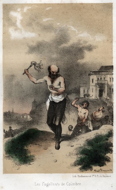 Coimbre'nin kırbaçlayıcıları: Portekiz'deki Coimbra'nın Cizvitleri, 1560 civarında kırbaçlayarak halk önünde günahlarının kefaretini öderler. 1845'ten "" Cizvitlerin tarikatın kuruluşundan günümüze dramatik ve pitoresk tarihi grav by Theophile Evariste Fragonard