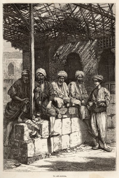 Bir Ermeni kafesi, erkeksi bir şenlik yeri, kahve içmek ve pipo içmek için, yazarın bir çiziminden sonra gravür, Lazistan ve Ermenistan