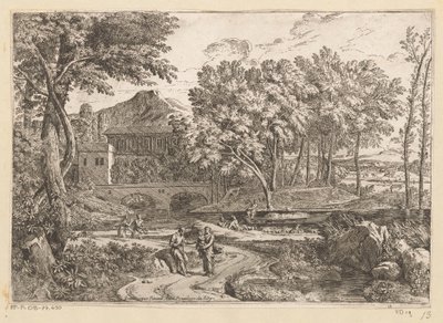 Su kenarında bir keçi sürüsü ve diğer figürlerle birlikte bir yolda çocuğu olan bir anne ile Arcadian manzarası Suite de Paysages (dizi başlığı) by Théodore