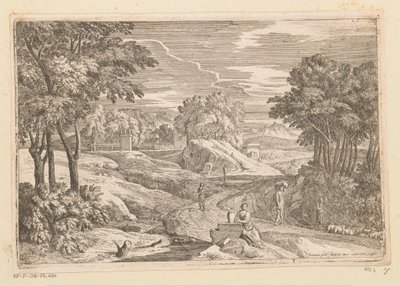 Vazo ve diğer figürlerin yanında oturan bir kadınla Arcadian manzarası Suite de Paysages (dizi başlığı) by Théodore
