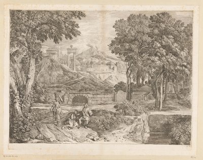 İki erkek ve meyve taşıyan bir kadınla Arcadian manzarası by Théodore