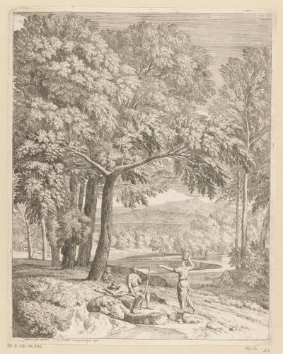 İki erkek ve bir sepet taşıyan bir kadınla Arcadian manzarası Suite de paysages (dizi başlığı) by Théodore
