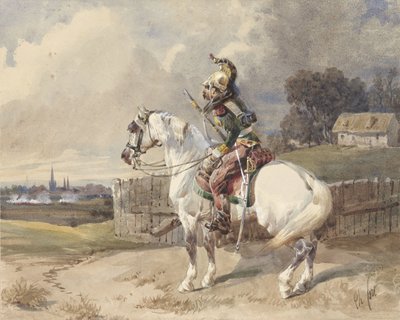 Beyaz bir at üzerinde Fransız ejderhası, profilde sola döndü by Théodore Fort (signed by artist)