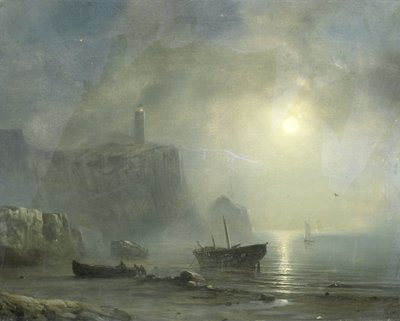 Ay Işığında Kayalık Sahil Görünümü by Théodore Gudin (attributed to)