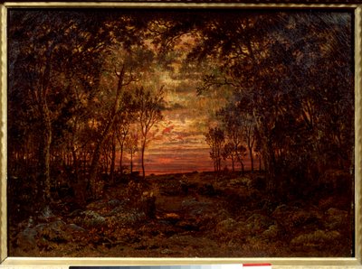 Ormanda Gün Batımı Theodore Rousseau (1812-1867) tarafından yapılan resim 19. yüzyıl Barbizon Okulu. karartmak 0,46x0,62m. Tuval üzerine yağlıboya. . by Pierre Etienne Theodore Rousseau