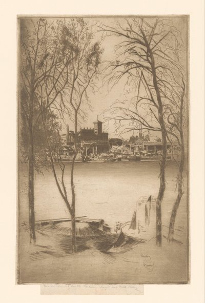 Liman ve sanayi Laburnums ve Battersea ile bir nehir manzarası by Théodore Roussel (signed by artist)