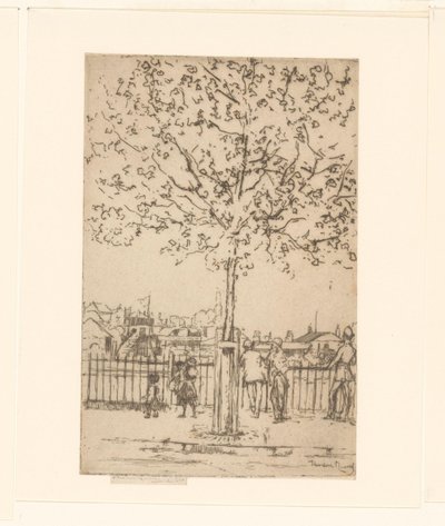 Bir nehir boyunca bir çitte altı figür, ön planda bir ağaç Chelsea Embankment, Haziran, 17:00, 1889 by Théodore Roussel (signed by artist)