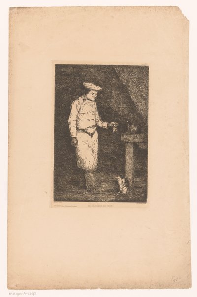 Bir kedi için bir parça et tutan bir aşçı ile karanlık iç Le déjeuner du chat (nesnedeki başlık) Eaux-Fortes Modernes: Originales et Inédites (dizi adı) by Théodule Augustin Ribot