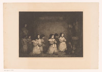 Bir grup kız Meryem heykelinin önünde dua ediyor La Priere (nesne üzerindeki başlık) Eaux-Fortes Modernes: Originales et Inédites (dizi adı) by Théodule Augustin Ribot
