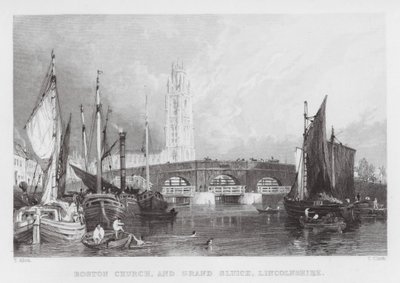 Boston Kilisesi ve Grand Sluice, Lincolnshire (gravür) by Thomas (after) Allom