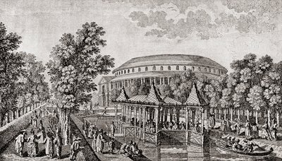 Ranelagh Bahçeleri, Chelsea, Londra, İngiltere. Ranelagh Bahçeleri'ndeki Rotunda'nın dışı, "Çin Evi" ve arazinin bir kısmı, Thomas Bowles'ın gravüründen sonra by Thomas (after) Bowles