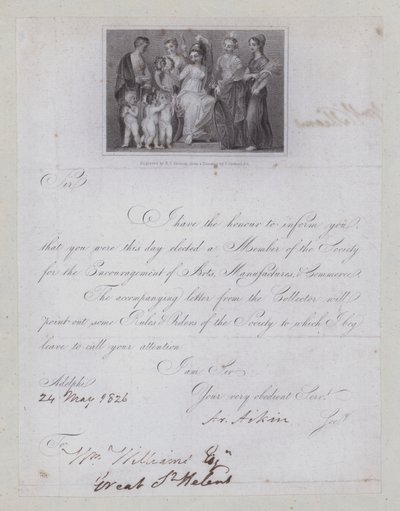 Sanat, İmalat ve Ticareti Teşvik Derneği üyeliğine seçilme onay mektubu by Thomas (after) Stothard