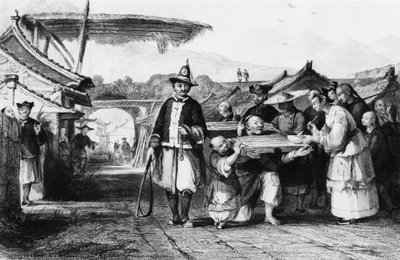 Çin İmparatorluğu'ndan Thomas Allom'un (1804-1872) gravürü tcha veya cangue (tahta boyunduruk veya boyunduruk) kullanılarak cezalandırma by Thomas Allom