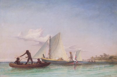Elçinin Uzun Teknesi Yerliler tarafından saldırıya uğradı by Thomas Baines