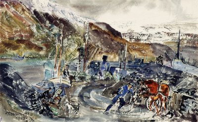 Yerel Kömür Arabası ve Trol Gemileri, Seydisfjordur, İzlanda (kağıt üzerine sulu boya) by Thomas Barclay Hennell