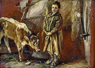 Bağlı buzağılı çocuk (tuval üzerine yağlı boya) by Thomas Barker