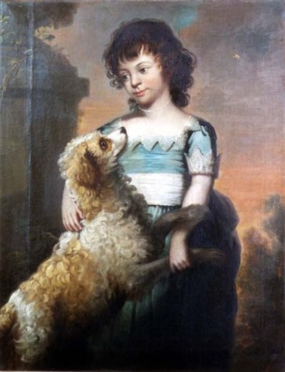 Köpekli mavi elbiseli bir kızın portresi by Thomas Beach