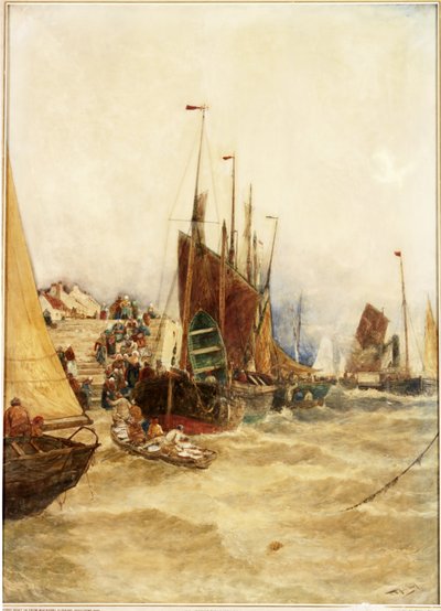 Mackeral Fishing'den İlk Tekne, Boulogue, 1889 (tuval üzerine serilen kağıt üzerine suluboya) by Thomas Bush Hardy