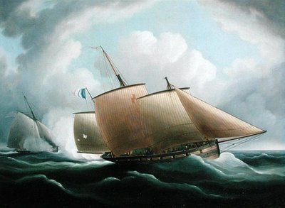 Bir İngiliz Kesicinin Peşinde Bir Fransız Lugger (tuval üzerine yağlı boya) by Thomas Buttersworth