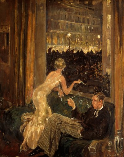 Jarrow Marchers'ın Londra'ya gelişini bir pencereden izleyen bir çiftin olduğu bir iç mekanın görünümü by Thomas Cantrell Dugdale