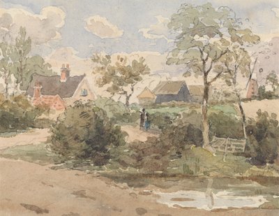 Kulübe, Yel Değirmeni, Ahırlar ve Ön Planda Gölet Olan Figürlerle Kır Manzarası by Thomas Churchyard