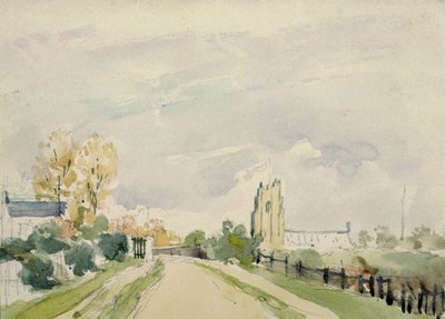 Suffolk Peyzaj, küçük bir Ev, bir Kilise ve Ağaçlar ile geniş bir Yol by Thomas Churchyard
