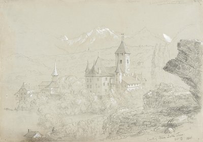 Spiez Kalesi, 1841 (gri-yeşil kağıt üzerine kurşun kalem ve guaj boya) by Thomas Cole