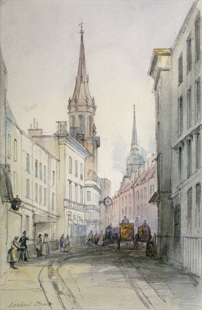 Lombard Caddesi boyunca manzara, doğuya bakıyor, figürler ve arabalarla, City of London, 1851 by Thomas Colman Dibdin