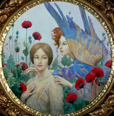 "Mesaj" Gelincik tarlasında genç bir kadın ve bir melek. Thomas Cooper Gotch (1854-1931) (Preraphaelite) tarafından yapılmış resim Özel koleksiyon by Thomas Cooper Gotch