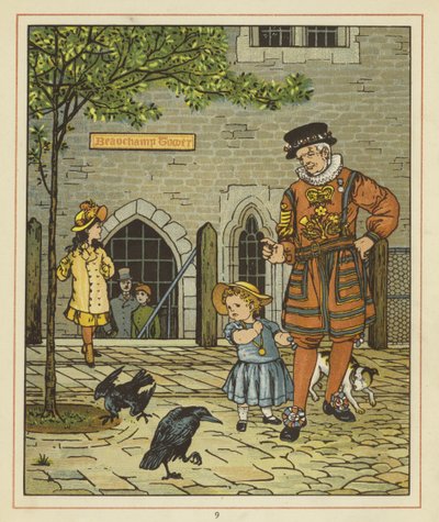 A young girl stands nervously beside a Yeoman of the Guard  by Thomas Crane