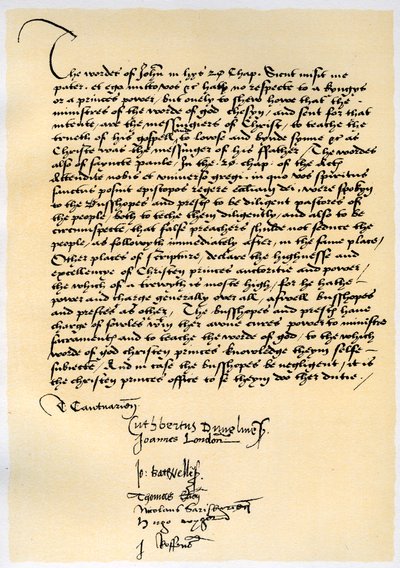 Başpiskopos Crammer ve diğer yedi İngiliz piskoposunun Piskoposluk Bildirgesi, c1537. by Thomas Cranmer