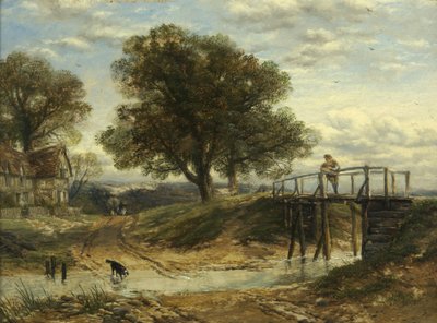 Dere, Köprü ve Kulübe ile Peyzaj (panelde yağ) by Thomas Creswick