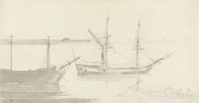 İki Demirli Gemi ve Bir Balıkçı Teknesi by Thomas Daniell