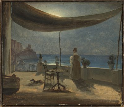 Amalfi'de Ay Işığında Bir Teras, 1834 dolayları (gemiye monte edilmiş kağıt üzerine yağlı boya) by Thomas Fearnley