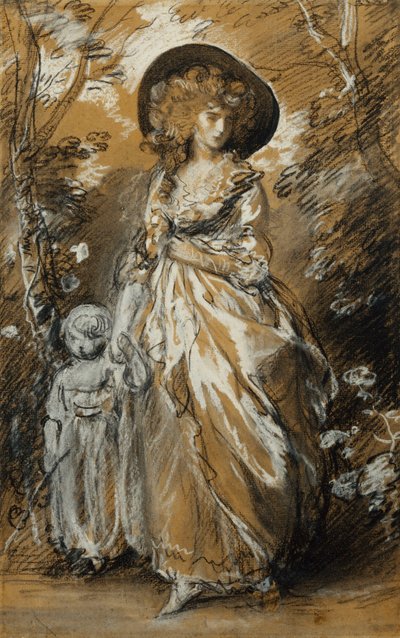 Bahçede Yürüyen, Boyu Boyunca Ayakta Duran ve Küçük Çocuğunu Elinden Tutan Bir Hanım; Muhtemelen Richmond Su Yürüyüşü için Bir Çalışma, by Thomas Gainsborough
