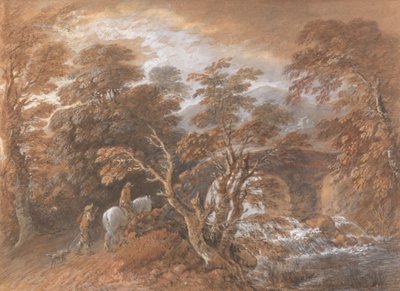 Bir Köprüye Yaklaşan Figürlerle Tepelik Manzara by Thomas Gainsborough