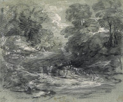 Ağaçlar Arasında Dolambaçlı Bir Yolda Çiftlik Arabasıyla Manzara (kağıt üzerine karakalem ve guaş) by Thomas Gainsborough