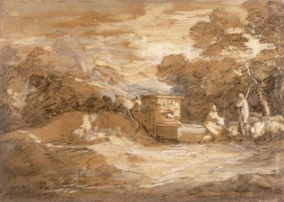 Figürlü Dağ Manzarası, Koyun ve Çeşme, c.1785-88 (sert kağıt üzerine gri cila, yağlı ve siyah tebeşir) by Thomas Gainsborough
